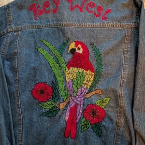 Colorful Parrot Head Embroidered Denim Jacket